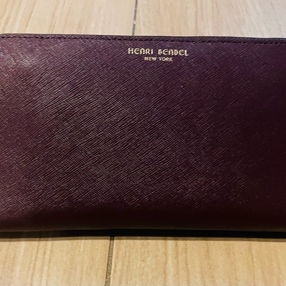 Henri Bendel Oxblood Zip Around Saffiano Continental Clutch Wallet